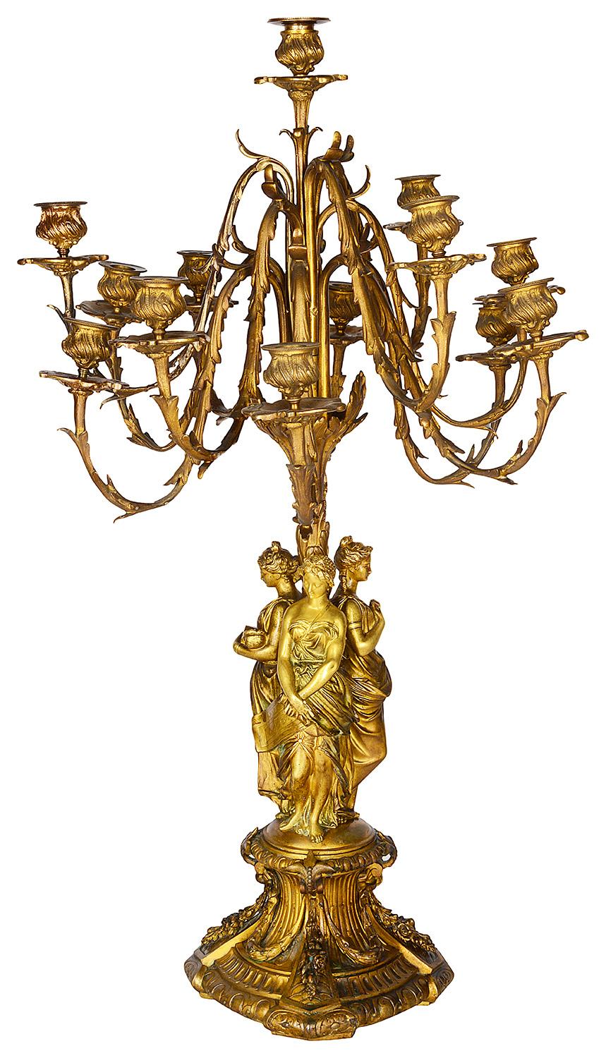 Ein sehr beeindruckendes und hochwertiges Paar vergoldeter Ormolu-Kandelaber mit 13 Zweigen aus dem frühen 19. Jahrhundert, jeweils mit wundervoller Blattdekoration, getragen von drei klassischen Jungfrauen, die die Künste der Malerei, Bildhauerei