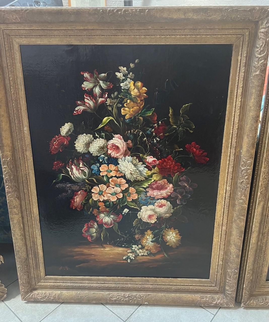 Artist - Unknown but monogrammed AM

Title - Pair of Still life of Flowers

Oil on Canvas dating from the late 18th/early 19th century 

The dimensions are 130cm x 105cm 

A beautiful and large pair of oil on canvas still life. The flowers are Dutch