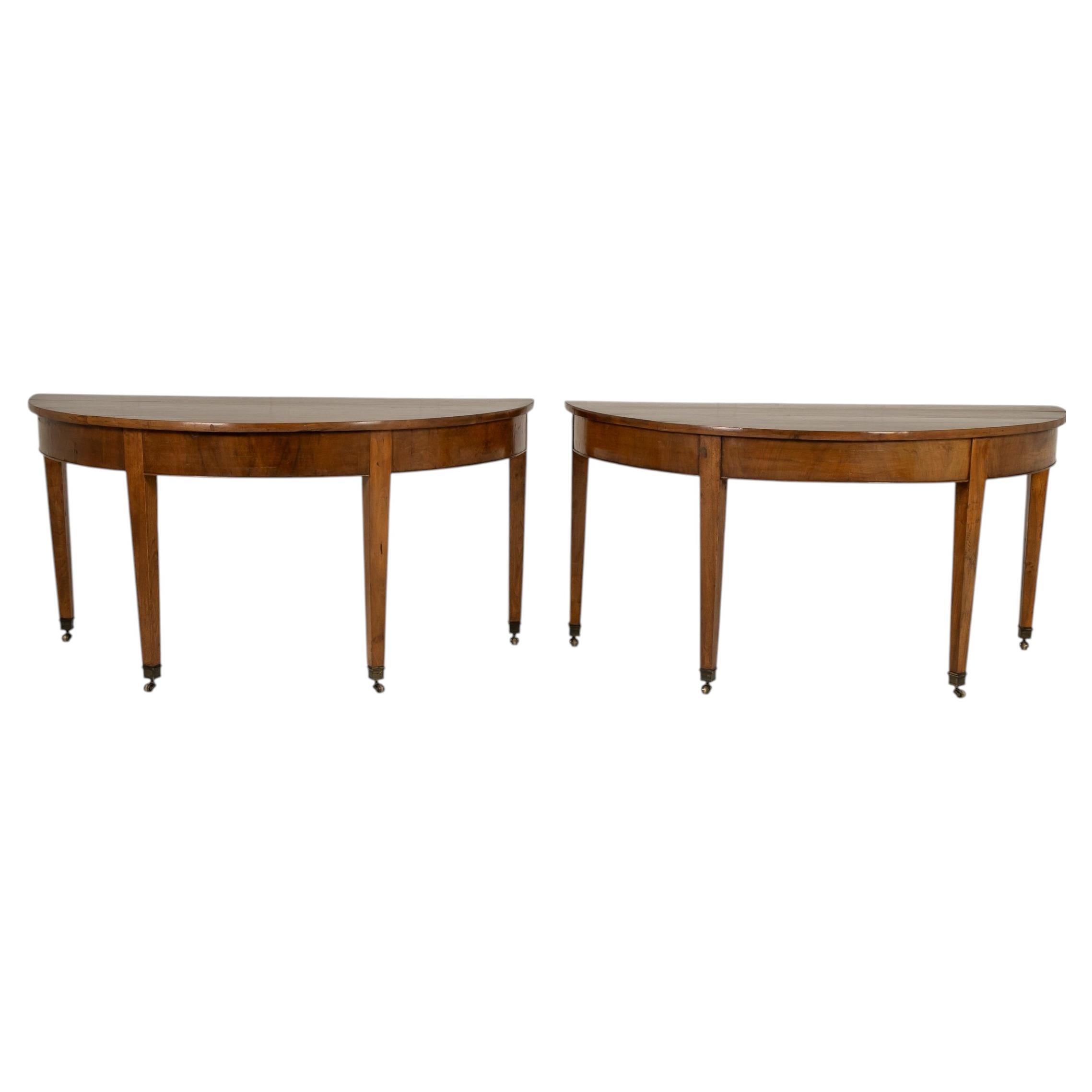 Large Pair of Early 19th Century Walnut Demi-Lune Console Tables For Sale