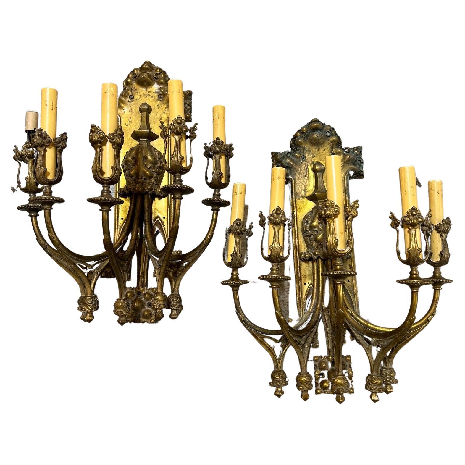 Large Pair of Early 20th Century Antique Bronze Gothic Sconces