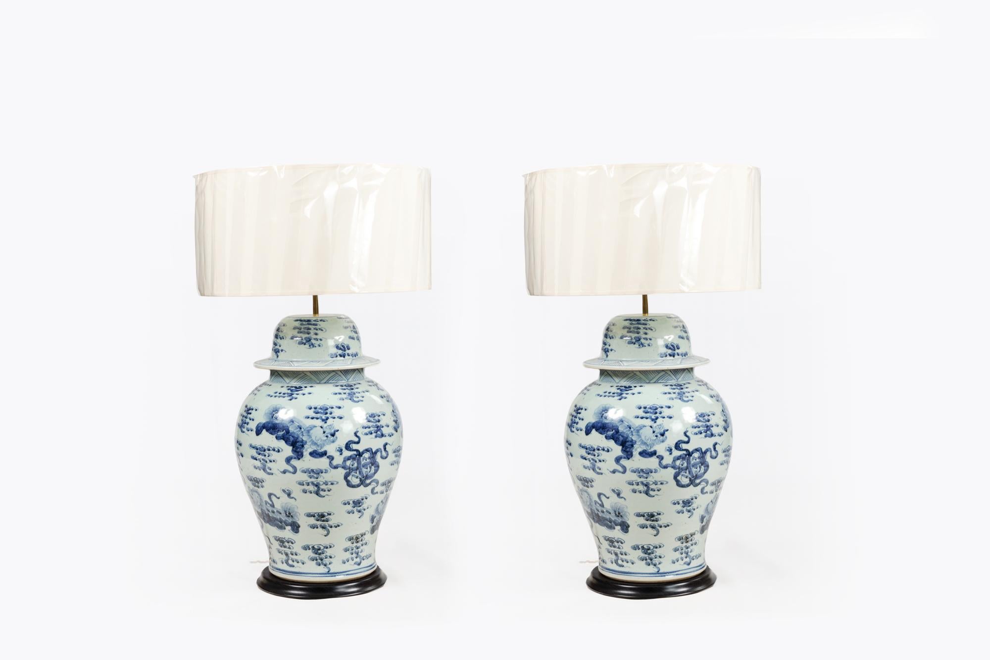 Chinese Export Large Pair of Early 20th Century Blue & White Ginger Jars Converted to Lamps