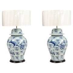 Large Pair of Early 20th Century Blue & White Ginger Jars Converted to Lamps