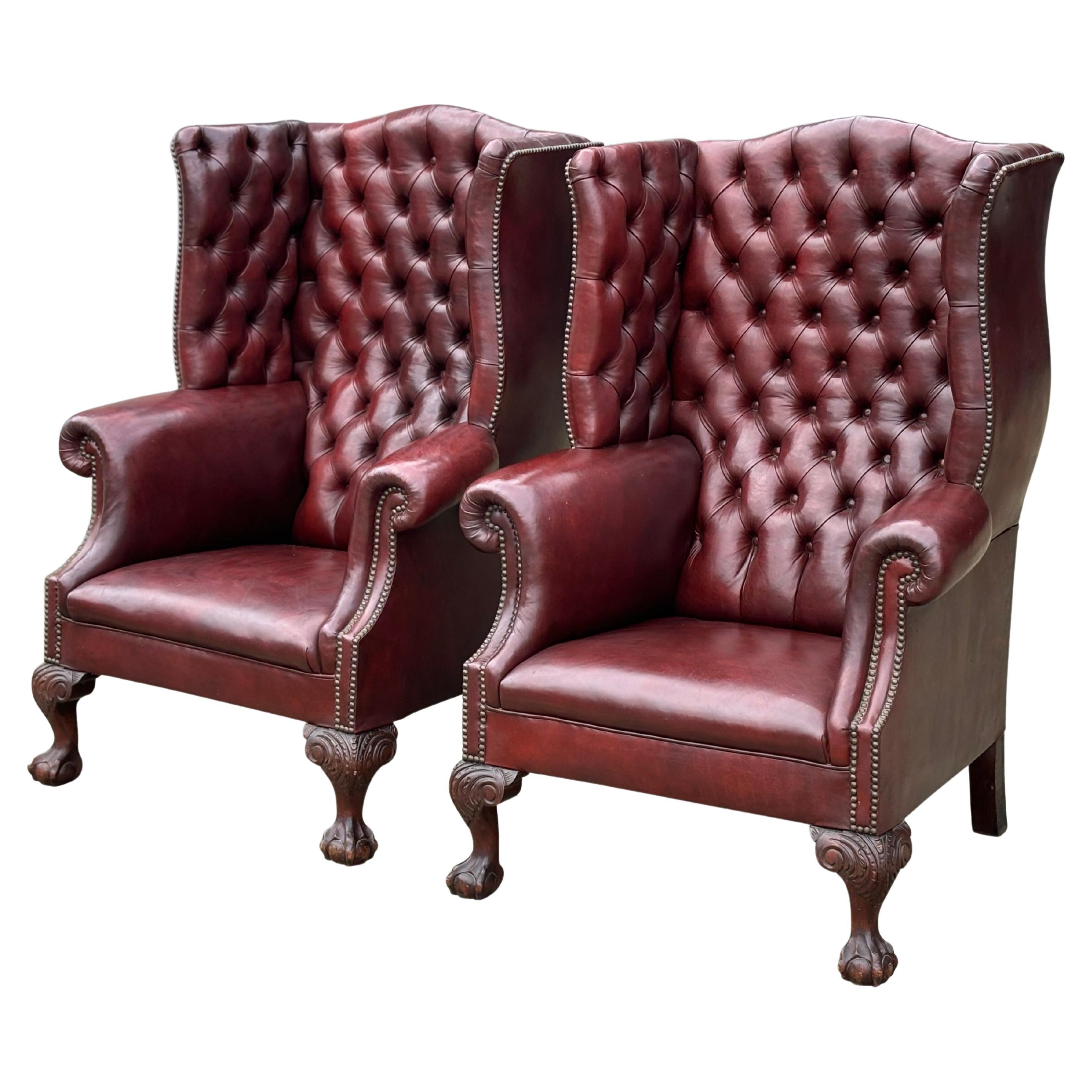 Large Pair of Early 20th Century Full Buttoned Burgundy Leather Wing Armchairs