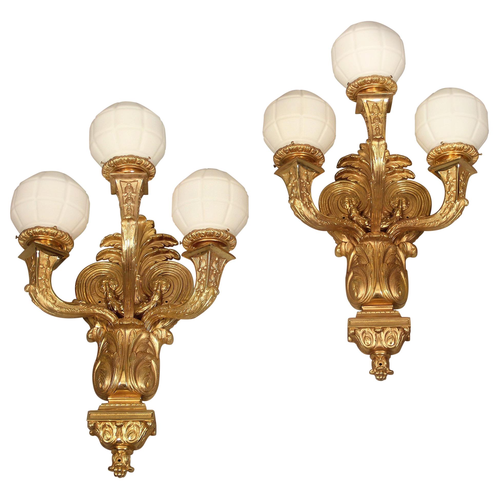 Large Pair of Early 20th Century Gilt Bronze Three-Light Sconces