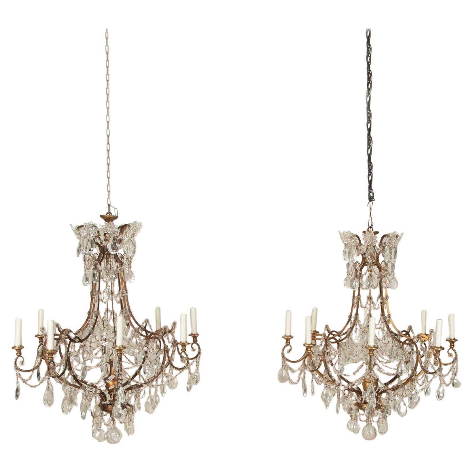 Large Pair of Early 20th Century Italian Cut Glass Chandeliers For Sale