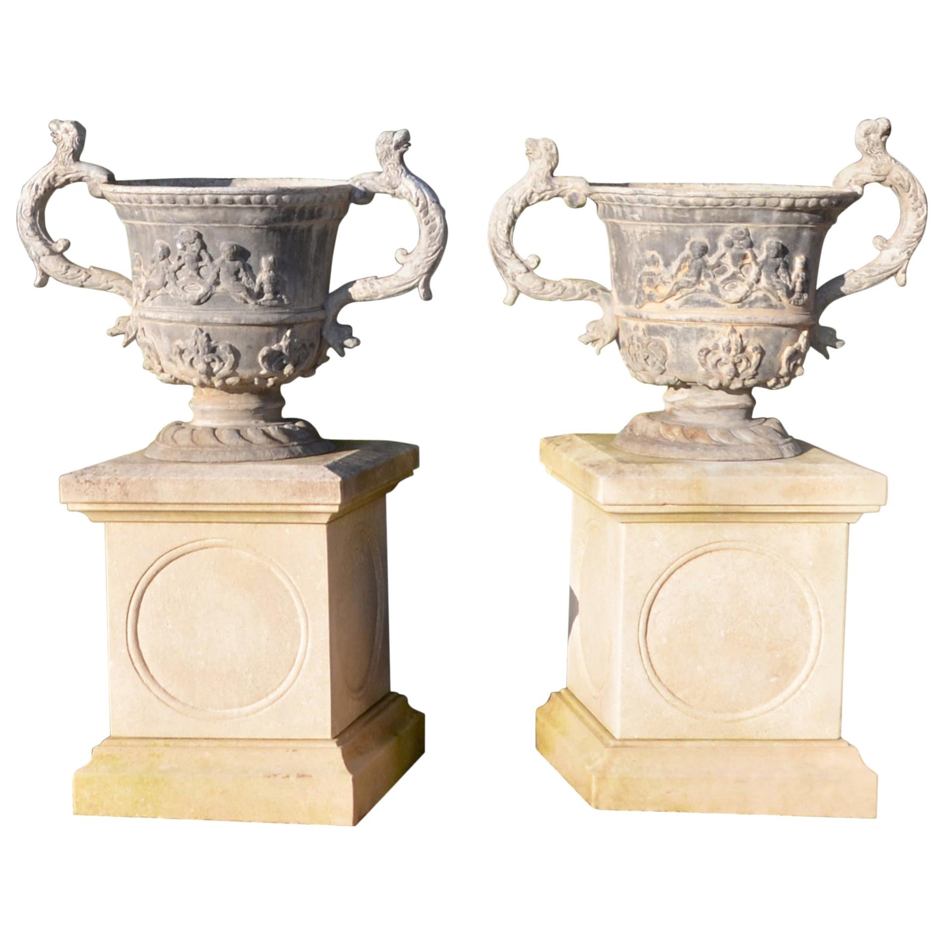 Large Pair of Early 20th Century Lead Urns For Sale