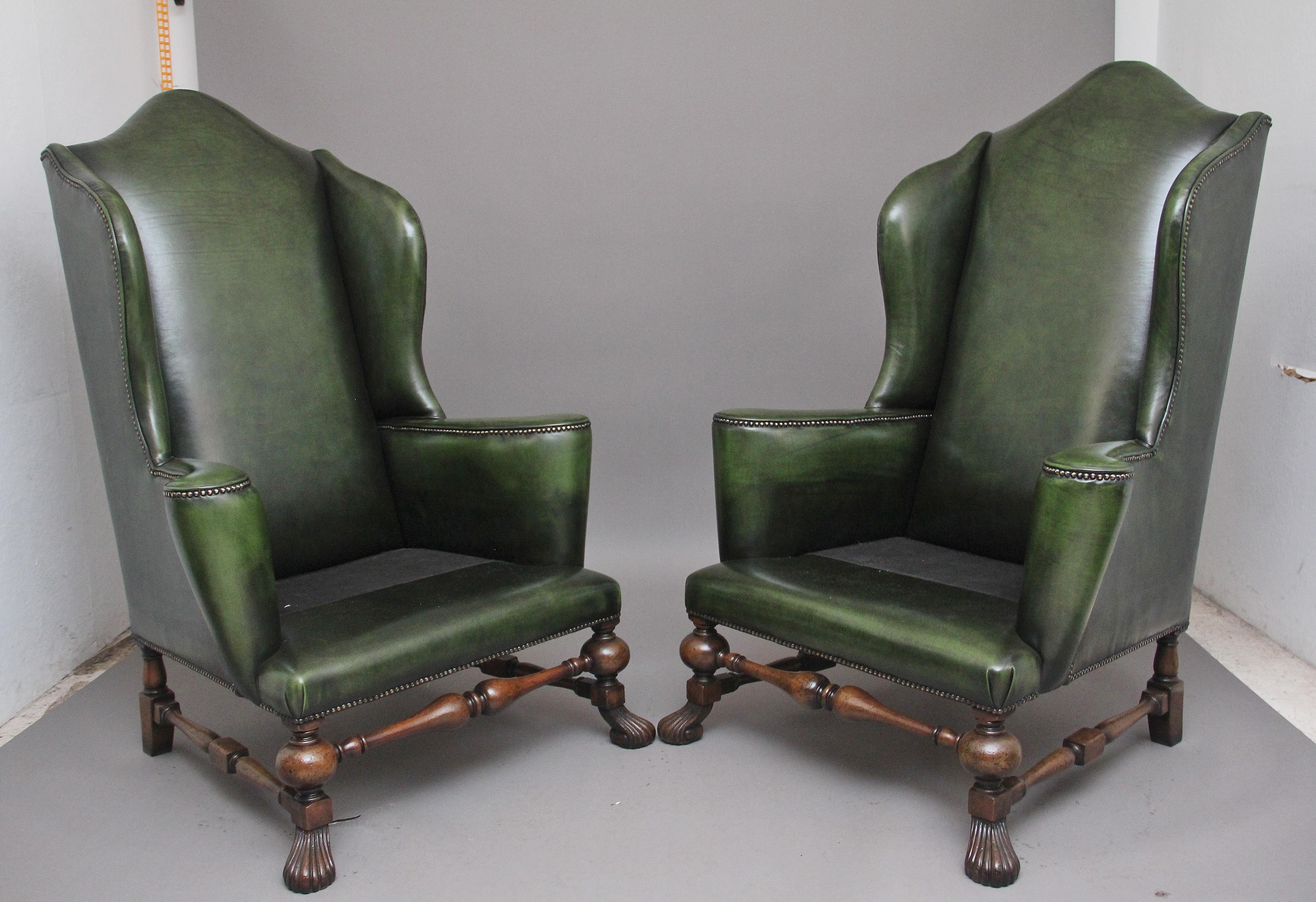 Leather Large Pair of Early 20th Century Walnut Wingback Armchairs For Sale