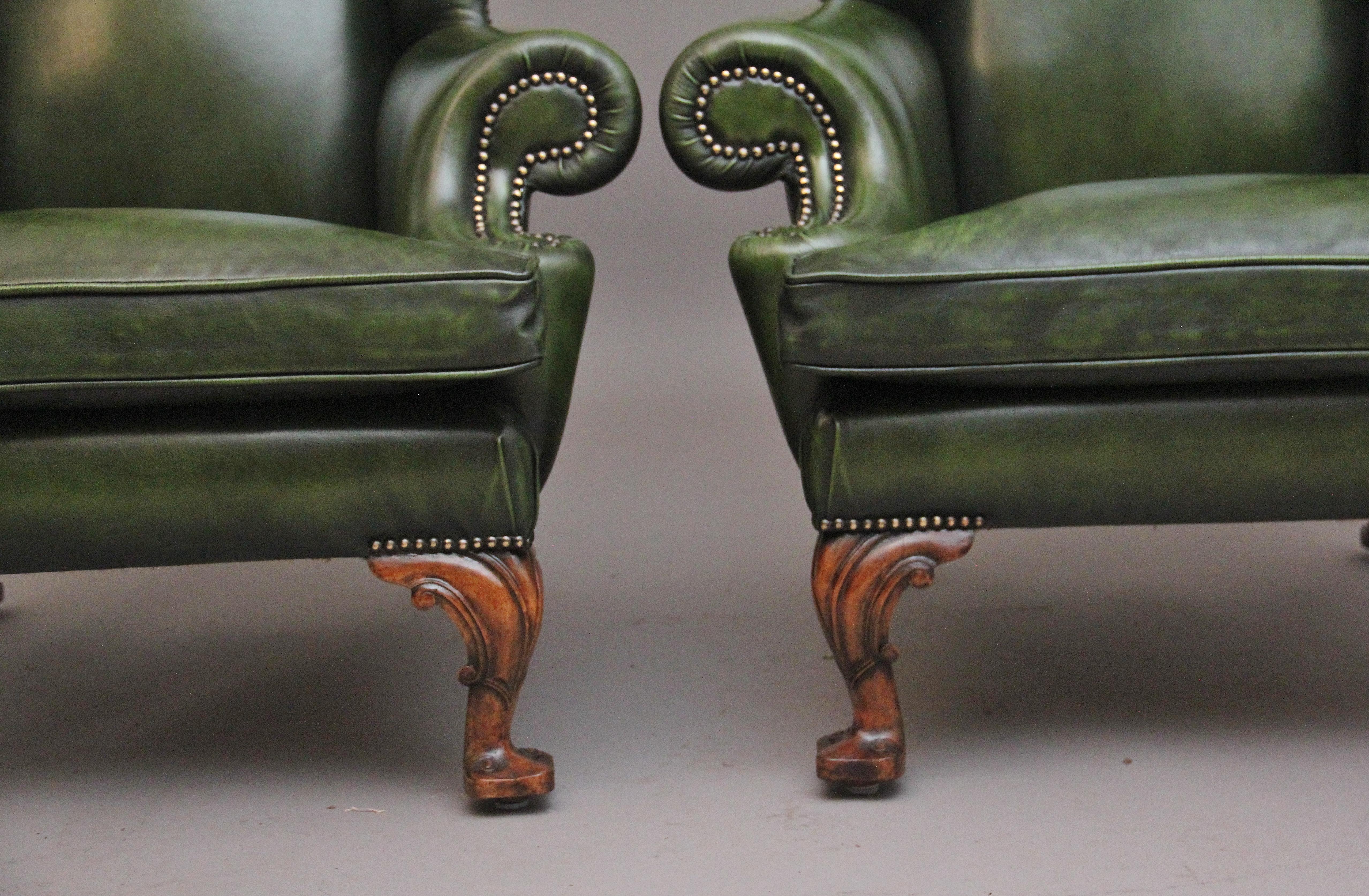 Large pair of early 20th Century walnut wingback armchairs For Sale 1