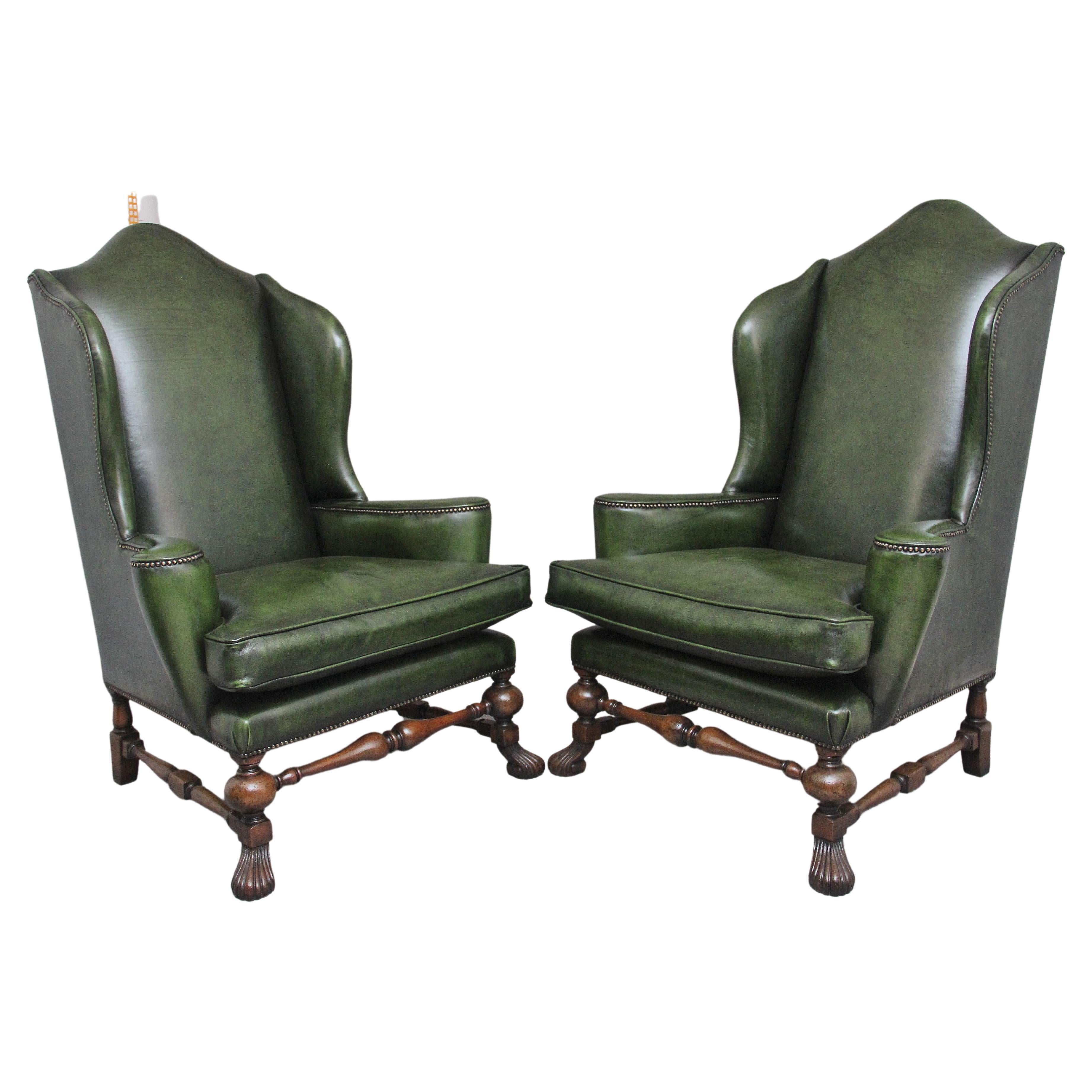 Large Pair of Early 20th Century Walnut Wingback Armchairs For Sale