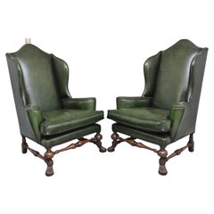 Antique Large Pair of Early 20th Century Walnut Wingback Armchairs