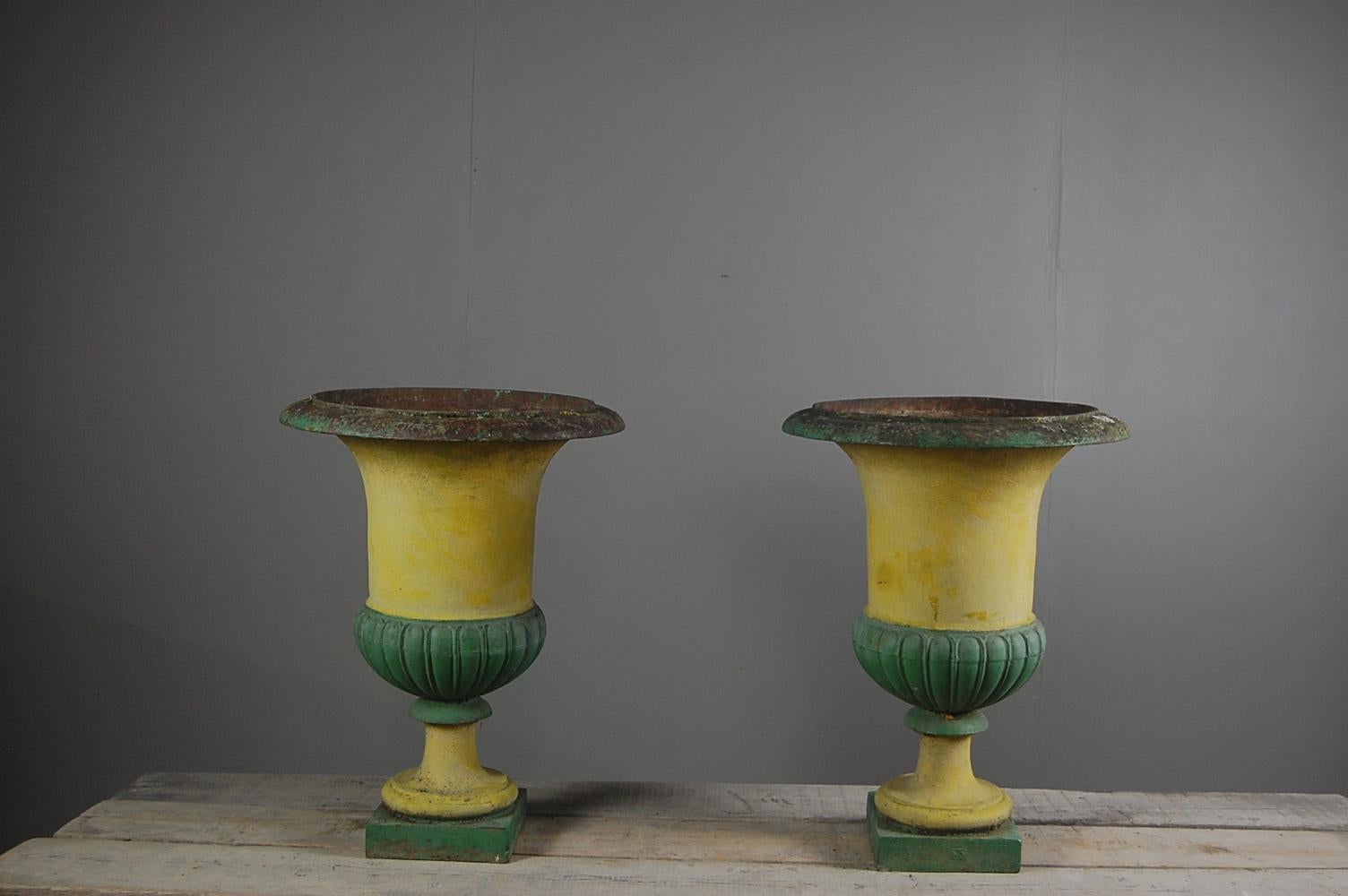 Large Pair of Early 20th Century Weathered Painted Campana Cast Iron Urns 1