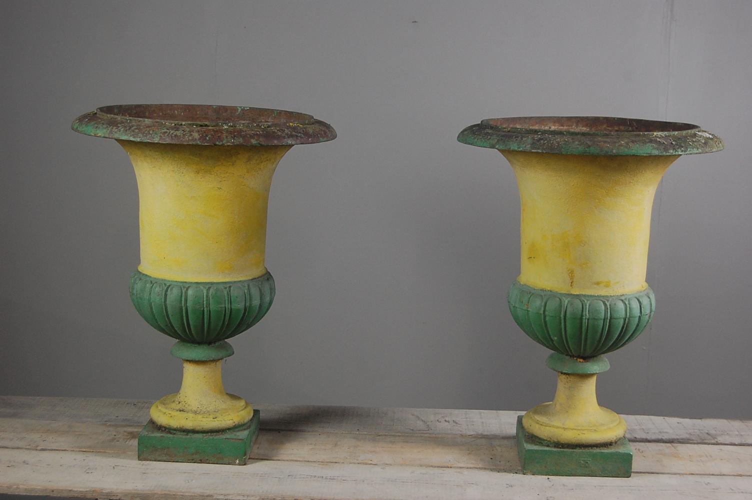 Large Pair of Early 20th Century Weathered Painted Campana Cast Iron Urns 2