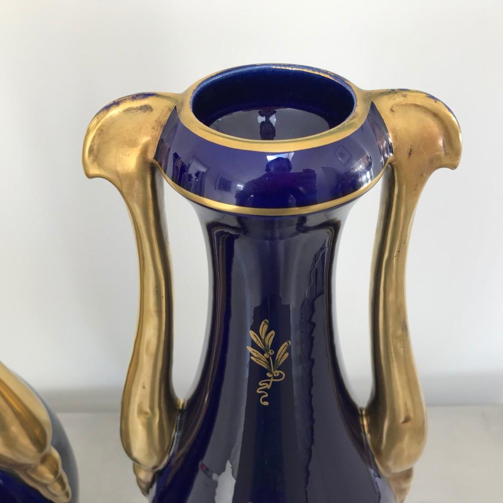 Large Pair of French Cobalt Blue and Gilt Twin Handle Vases by JP 4