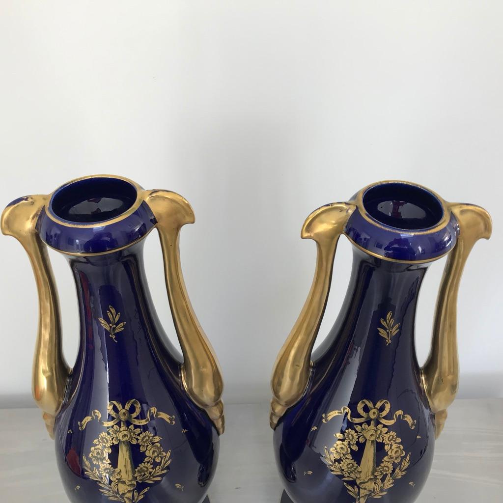 Large Pair of French Cobalt Blue and Gilt Twin Handle Vases by JP 5