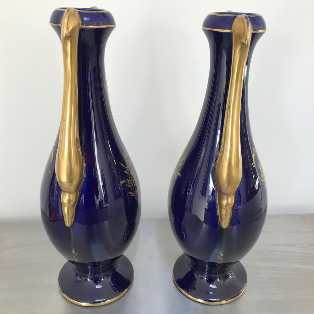 Large Pair of French Cobalt Blue and Gilt Twin Handle Vases by JP 6