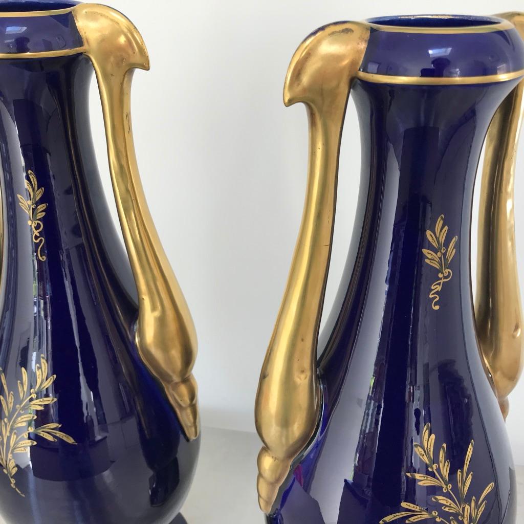 Art Nouveau Large Pair of French Cobalt Blue and Gilt Twin Handle Vases by JP