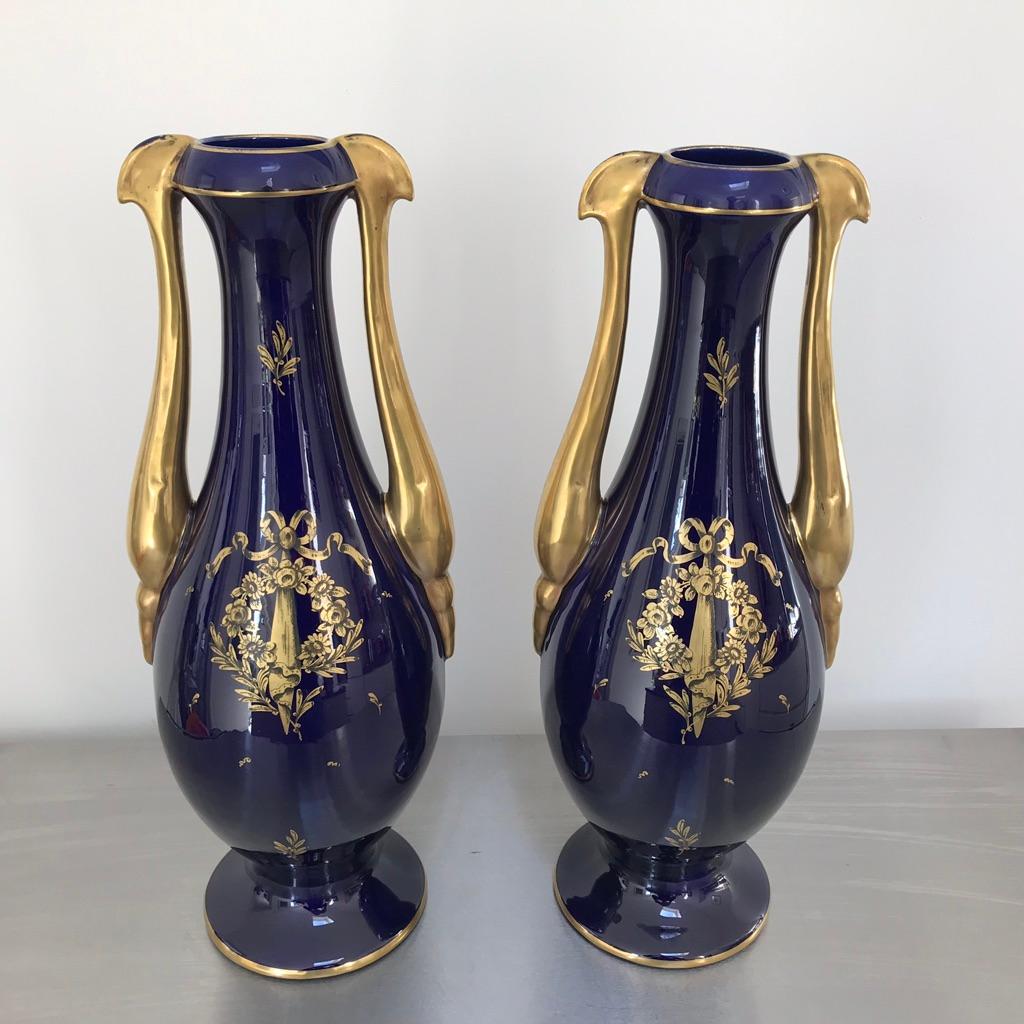 20th Century Large Pair of French Cobalt Blue and Gilt Twin Handle Vases by JP