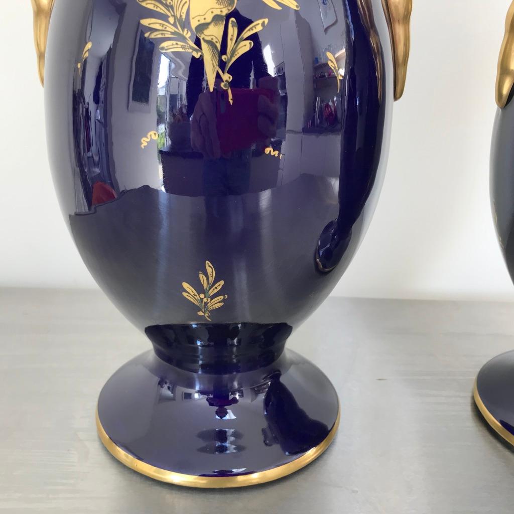 Porcelain Large Pair of French Cobalt Blue and Gilt Twin Handle Vases by JP