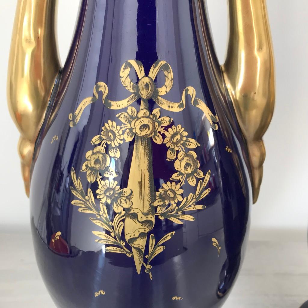 Large Pair of French Cobalt Blue and Gilt Twin Handle Vases by JP 1