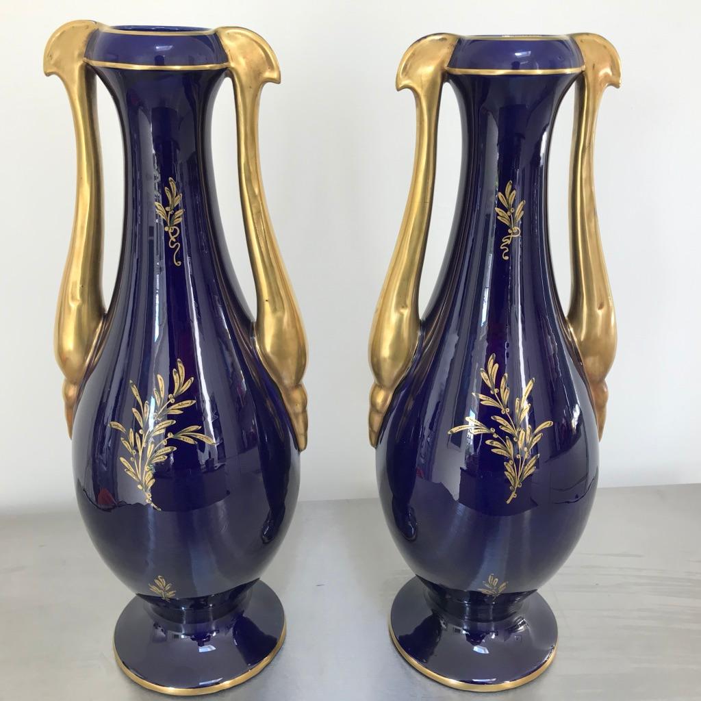 Large Pair of French Cobalt Blue and Gilt Twin Handle Vases by JP 2