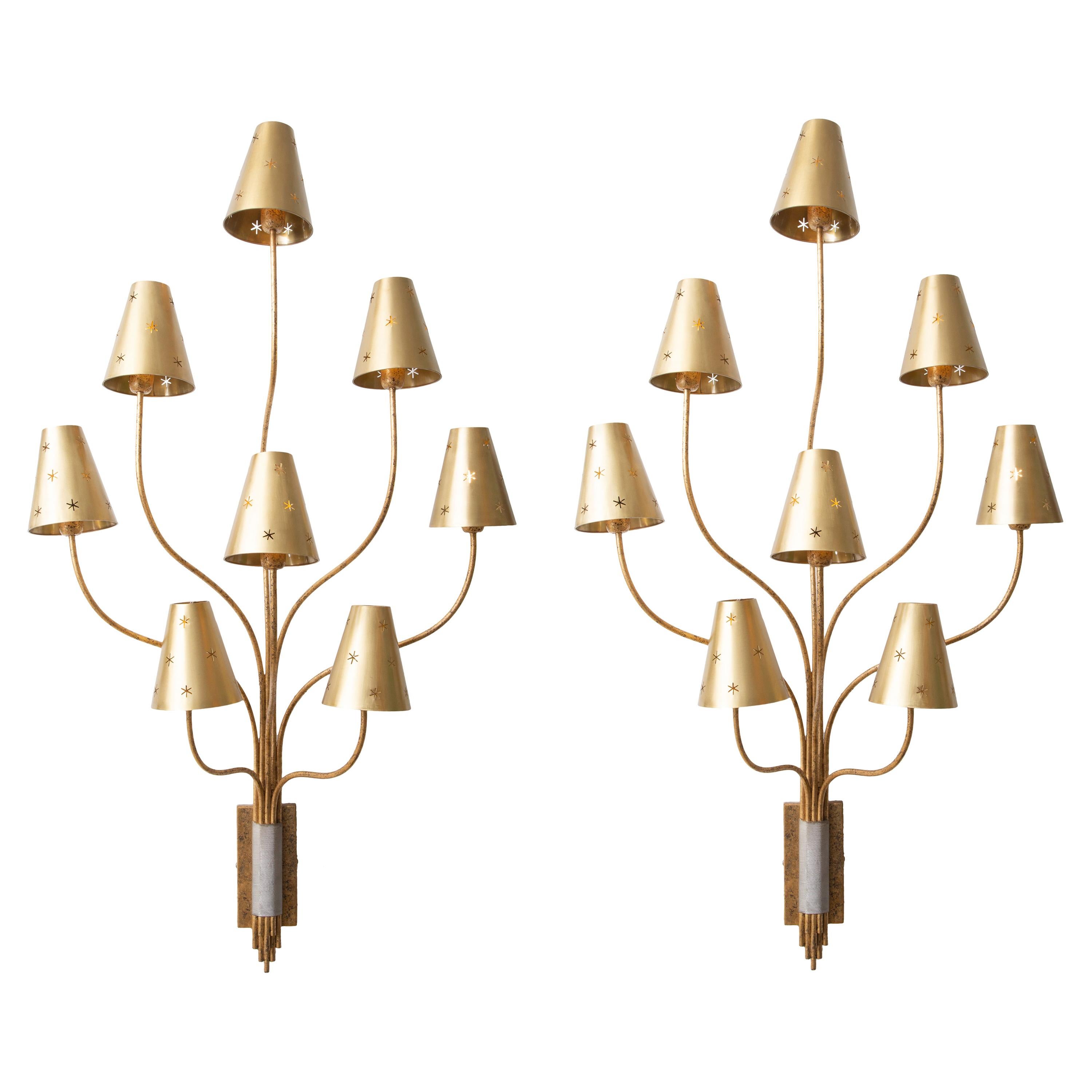 Large Pair of Eight Arms Gilded Metal Wall Sconces For Sale