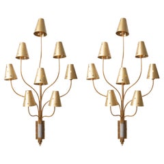 Large Pair of Eight Arms Gilded Metal Wall Sconces