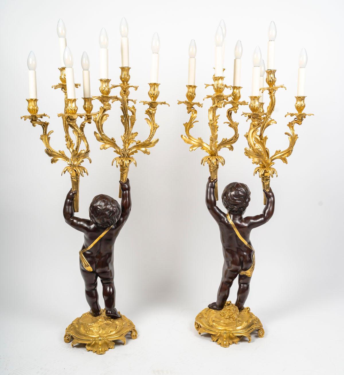 Large Pair of Electrified Candelabra in Gilded Bronze with Patina, 19th Century. For Sale 4