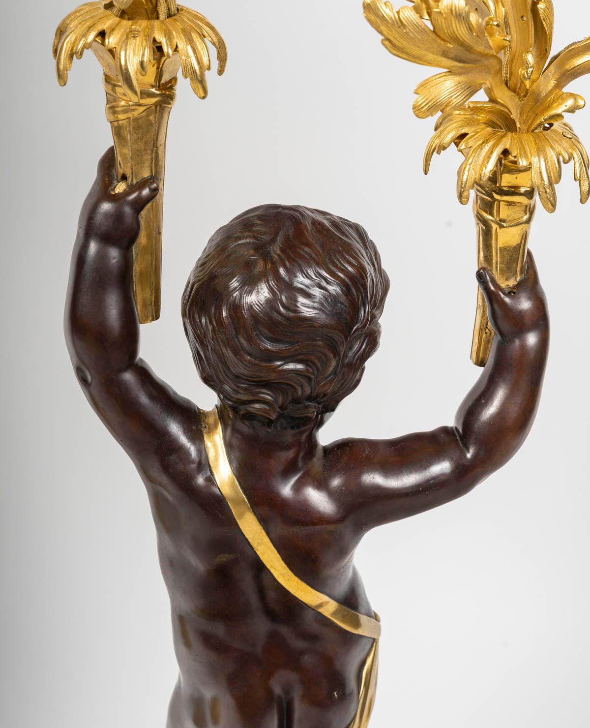 Large Pair of Electrified Candelabra in Gilded Bronze with Patina, 19th Century. For Sale 5