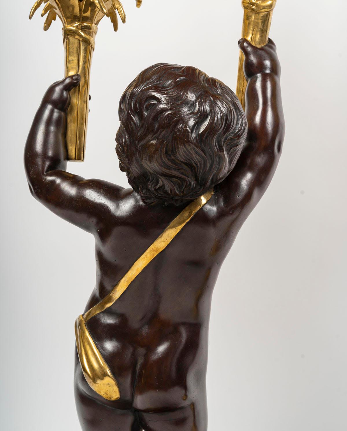 Large Pair of Electrified Candelabra in Gilded Bronze with Patina, 19th Century. For Sale 6