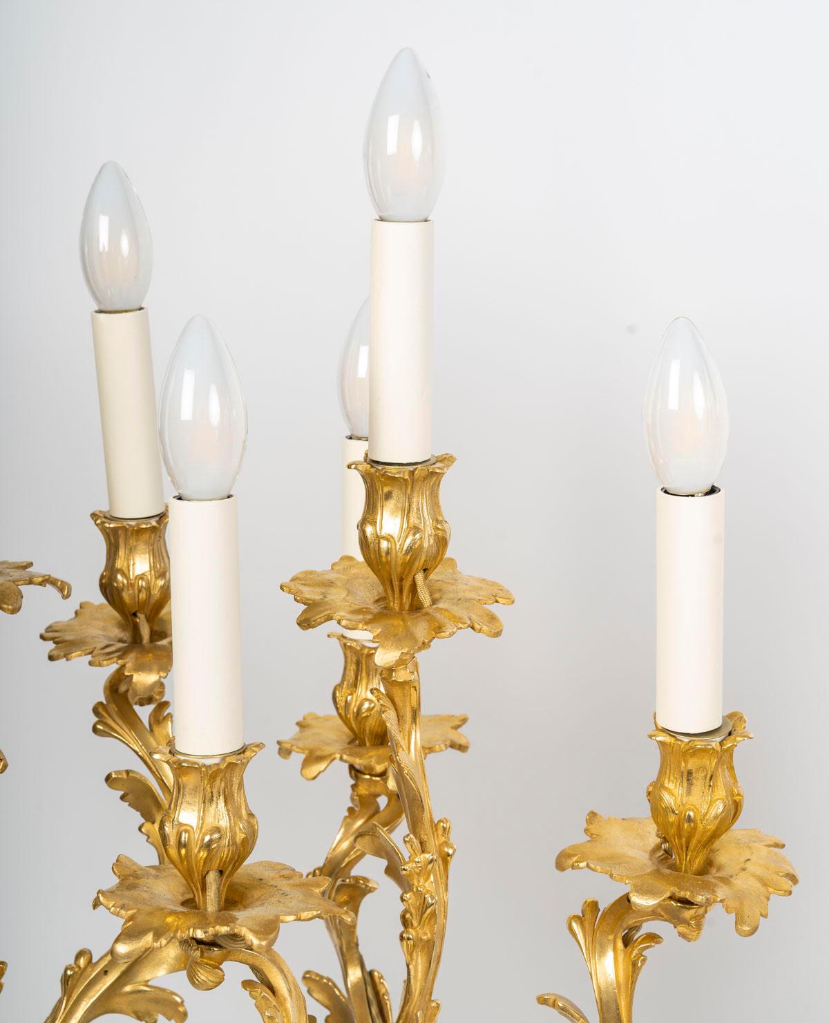 French Large Pair of Electrified Candelabra in Gilded Bronze with Patina, 19th Century. For Sale