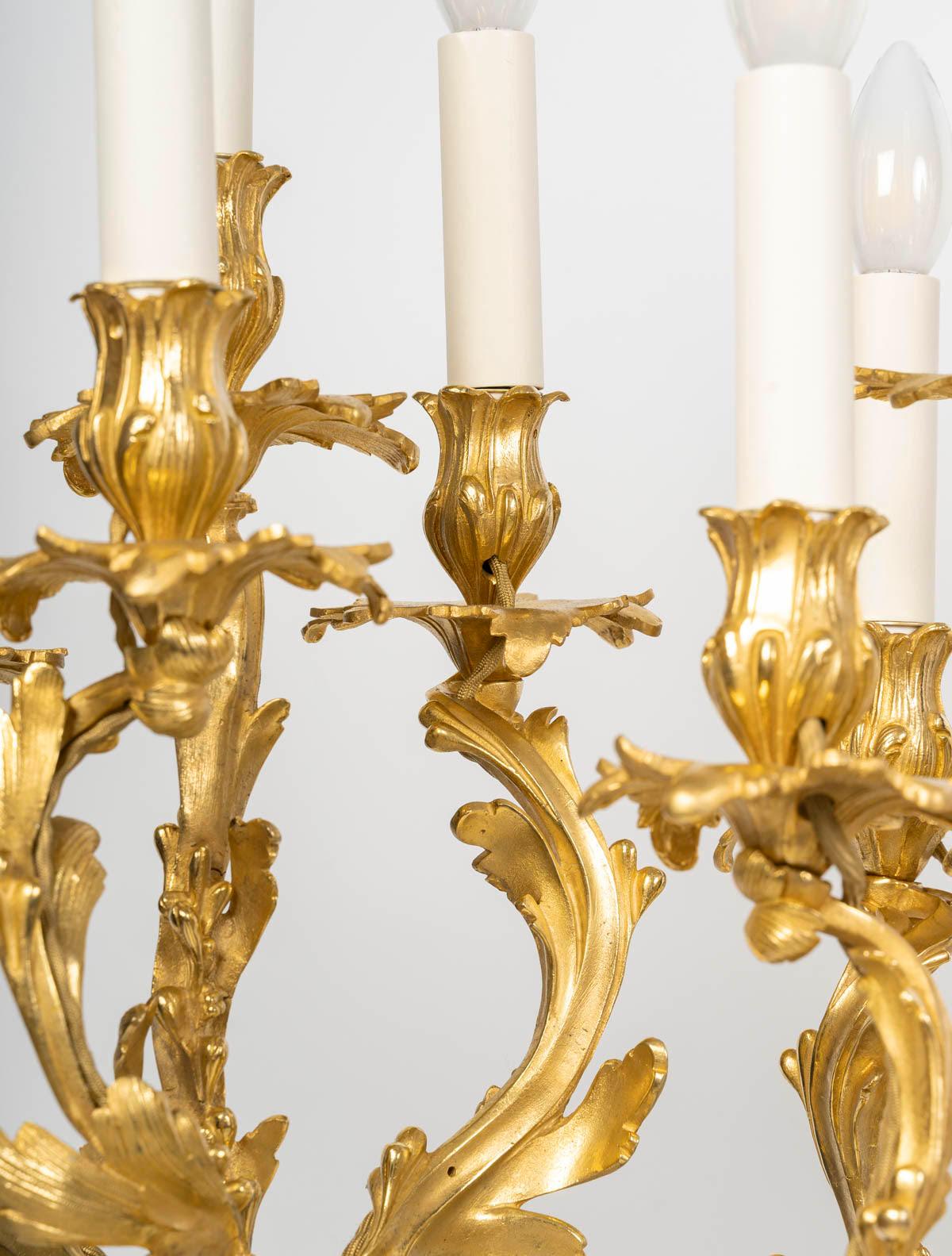 Large Pair of Electrified Candelabra in Gilded Bronze with Patina, 19th Century. In Good Condition For Sale In Saint-Ouen, FR