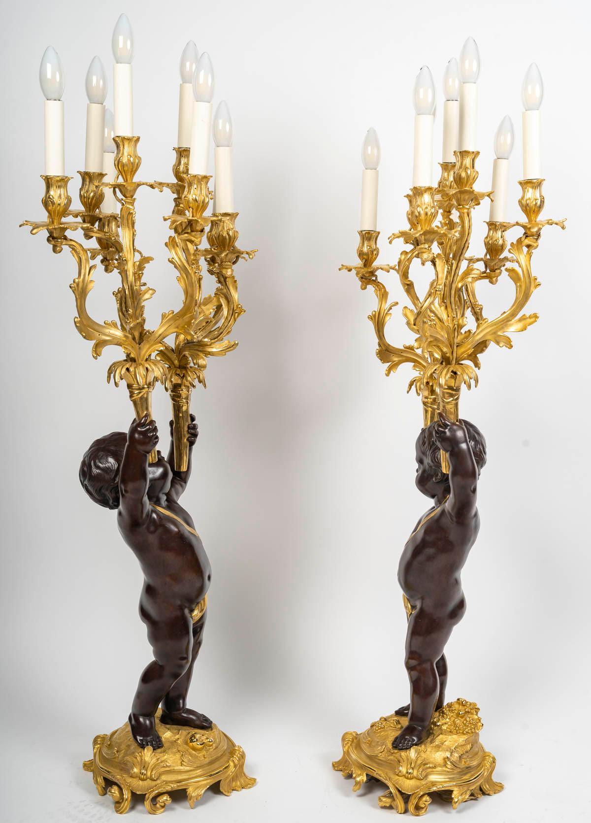 Large Pair of Electrified Candelabra in Gilded Bronze with Patina, 19th Century. For Sale 3
