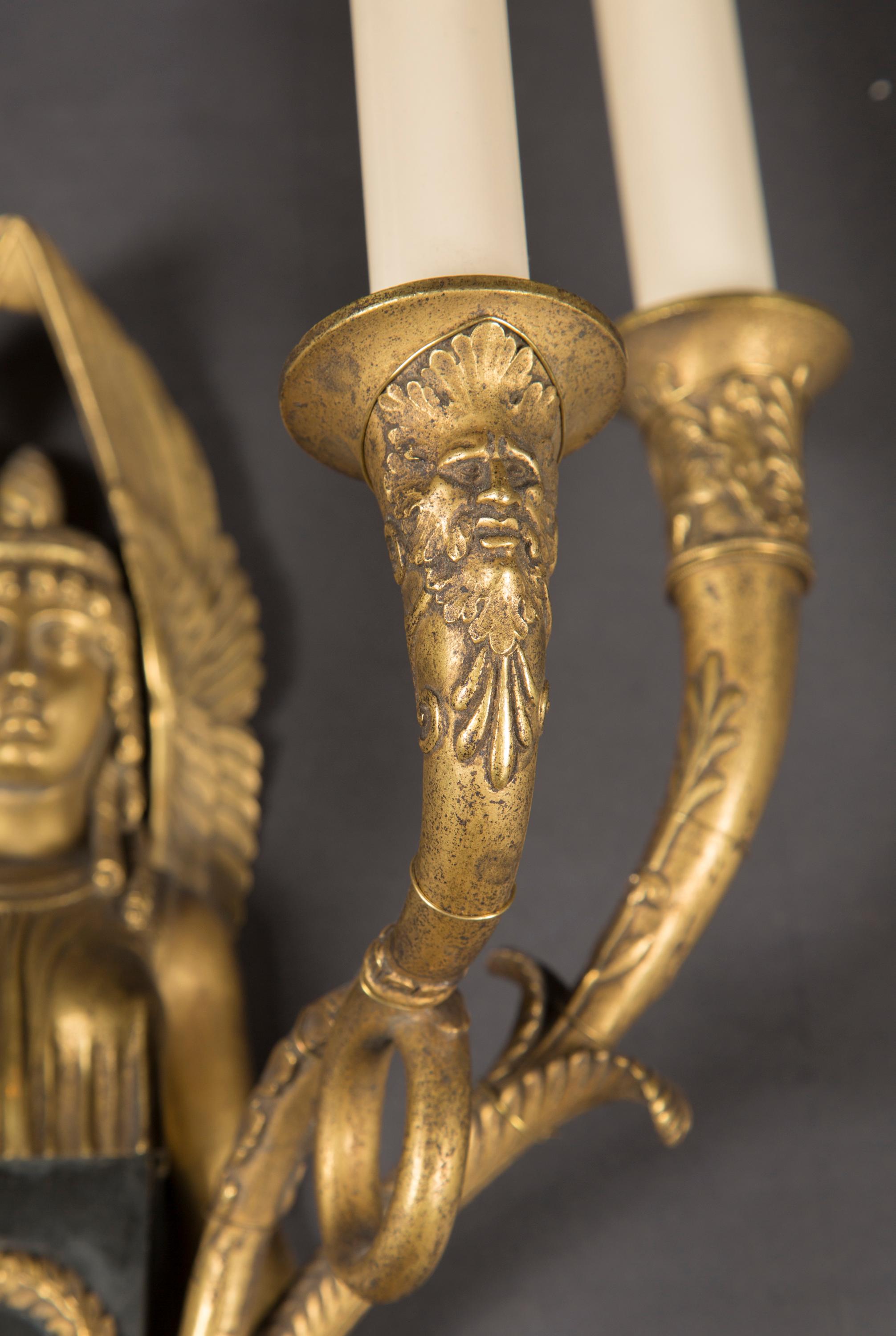 French Large Pair of Empire Sconces, circa 1860, with Heavy Egyptian Influences For Sale