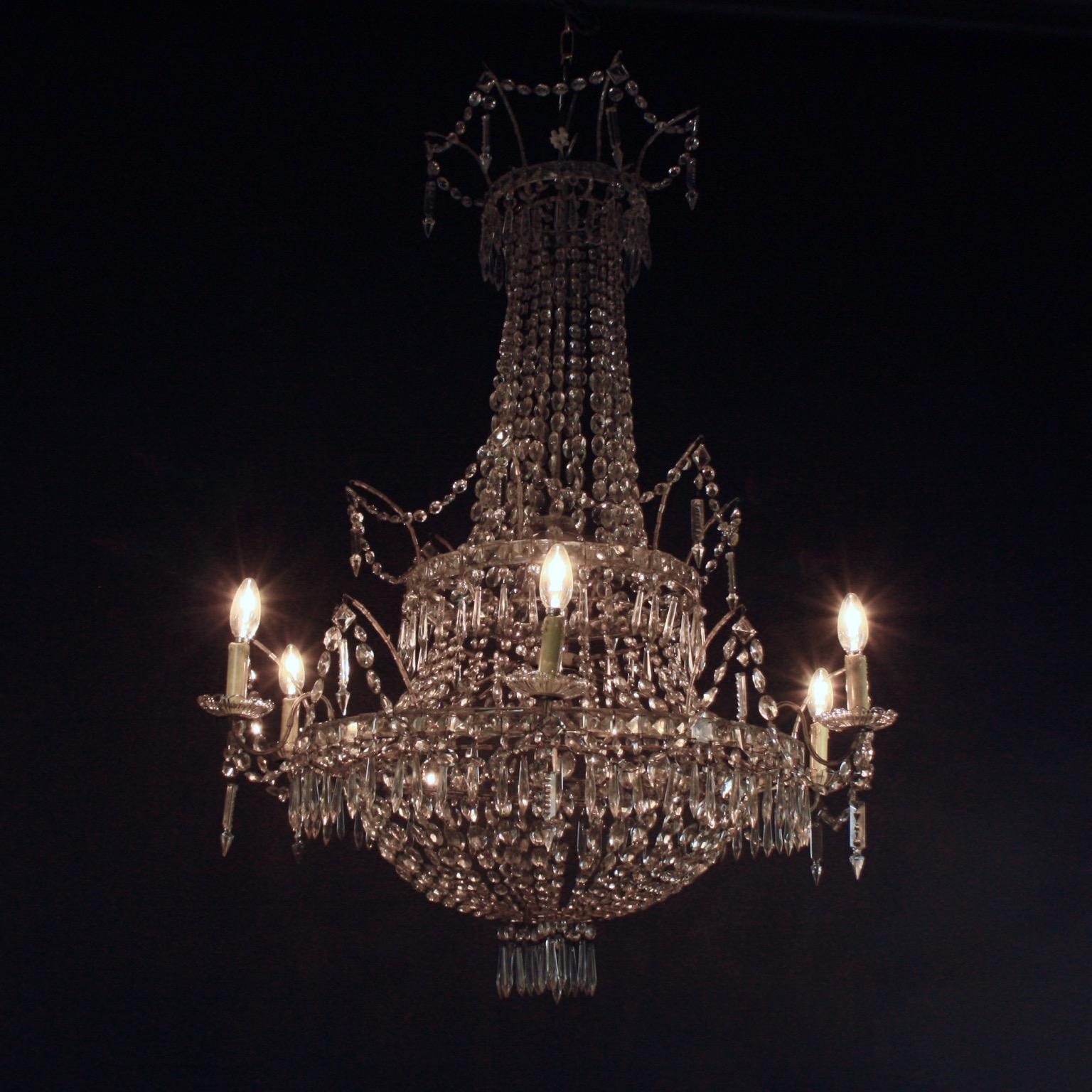 Large Pair of Spanish Empire Style 7-Light Crystal-Cut Chandeliers For Sale 4