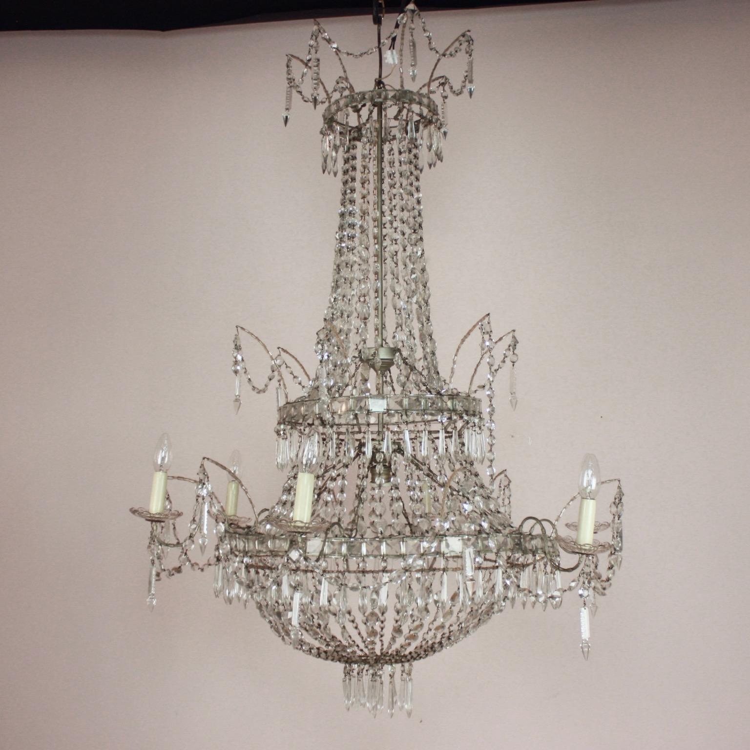 Large Pair of Spanish Empire Style 7-Light Crystal-Cut Chandeliers For Sale 5