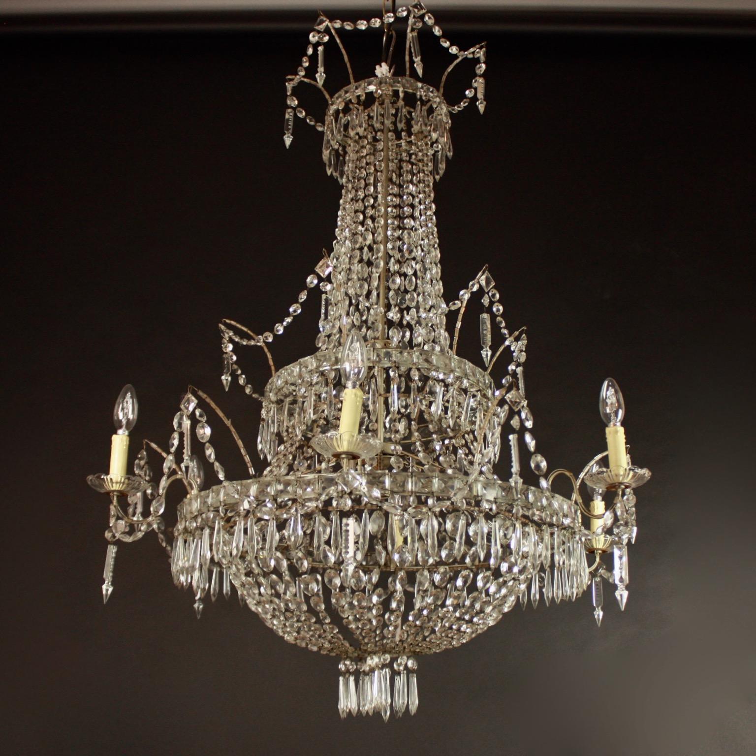 Metal Large Pair of Spanish Empire Style 7-Light Crystal-Cut Chandeliers For Sale