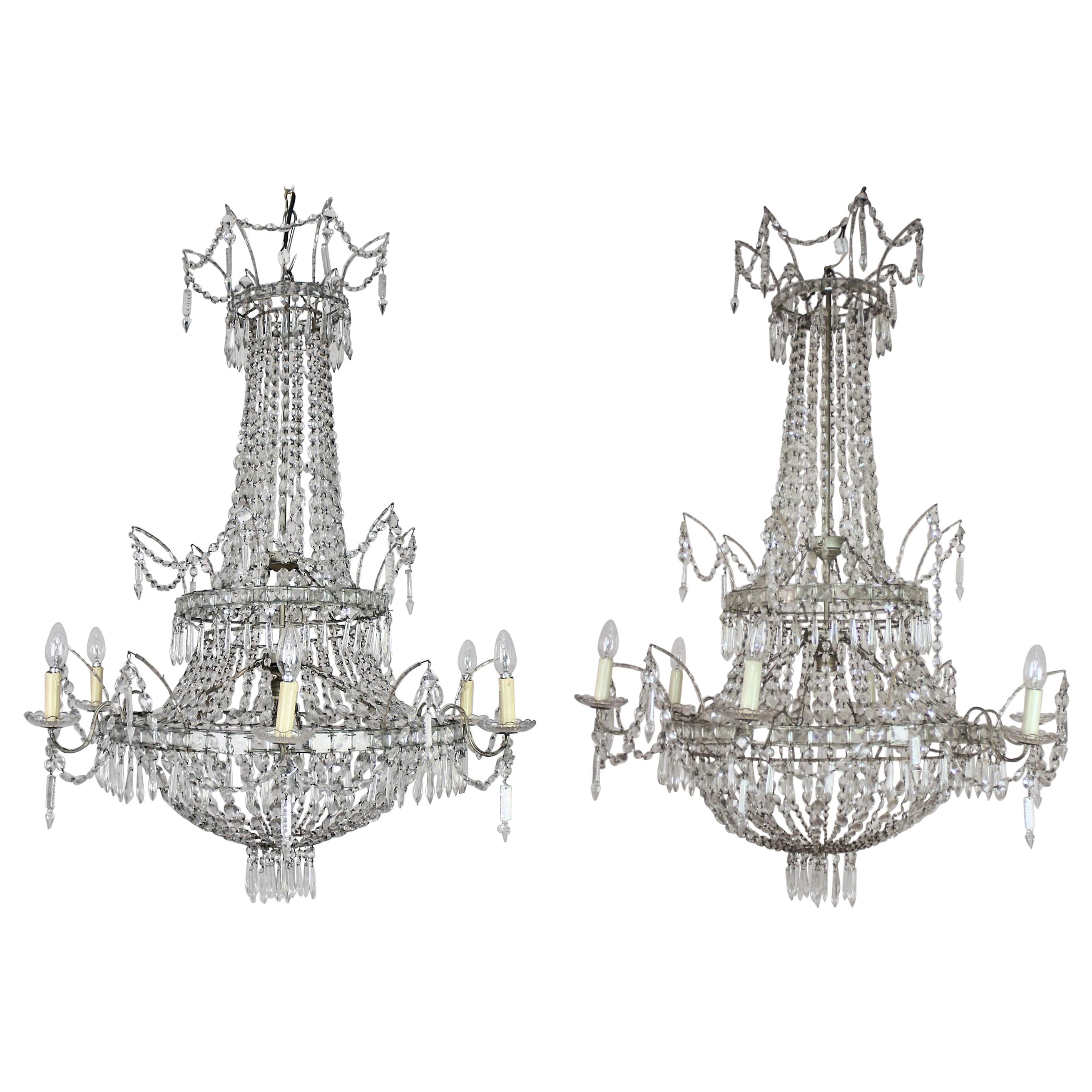 Large Pair of Spanish Empire Style 7-Light Crystal-Cut Chandeliers