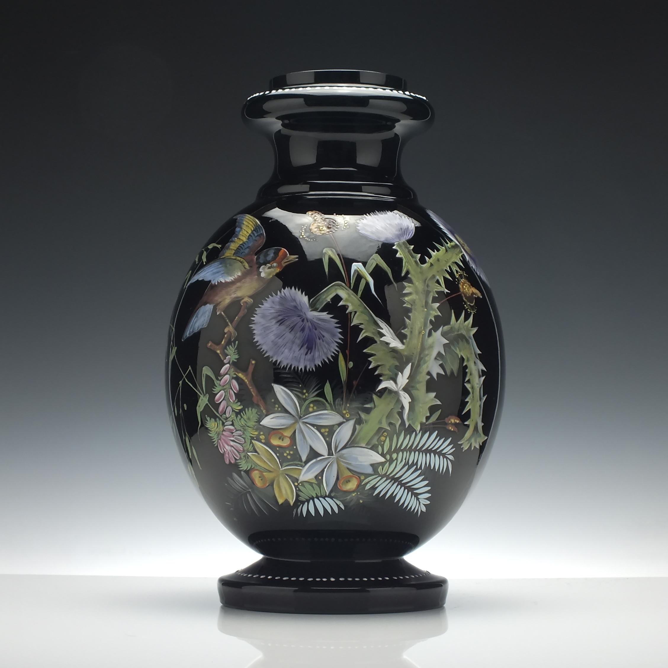 Art Nouveau Large Pair of Enamelled 19th Century Harrach Black Glass Vases, circa 1890