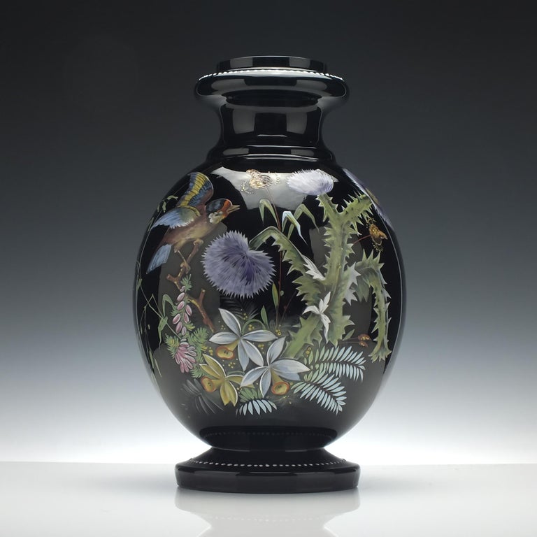 Large Pair of Enamelled 19th Century Harrach Black Glass Vases, circa