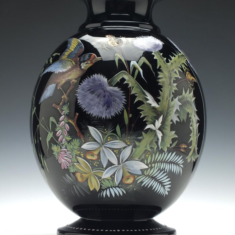 Large Pair of Enamelled 19th Century Harrach Black Glass Vases, circa