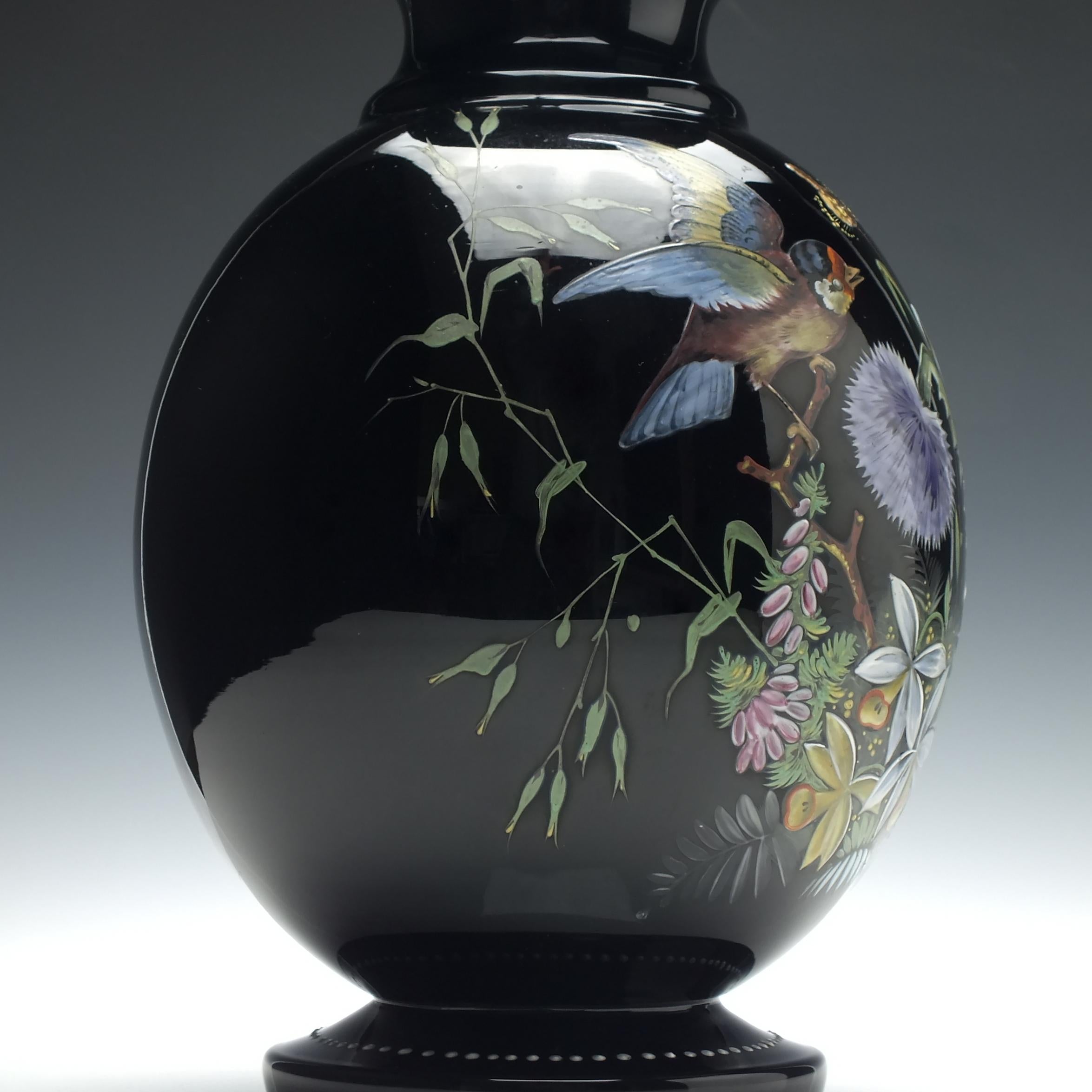 Enameled Large Pair of Enamelled 19th Century Harrach Black Glass Vases, circa 1890