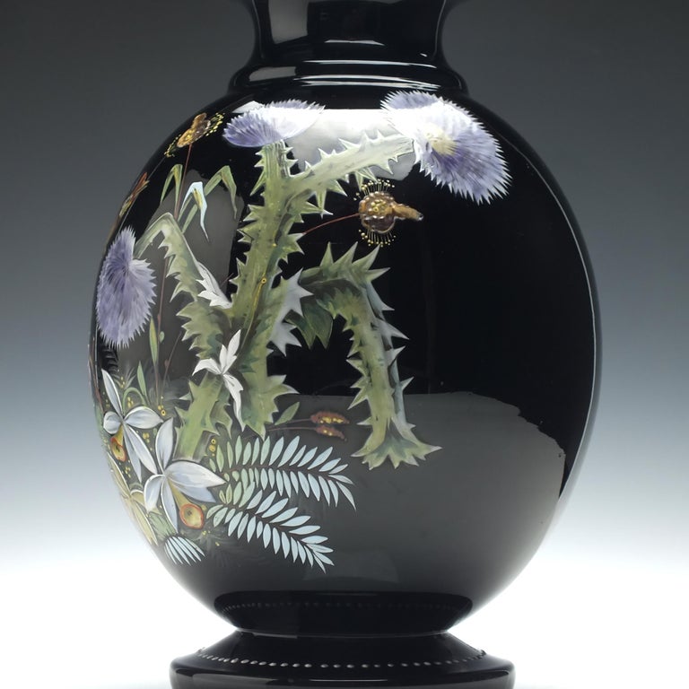 Large Pair of Enamelled 19th Century Harrach Black Glass Vases, circa