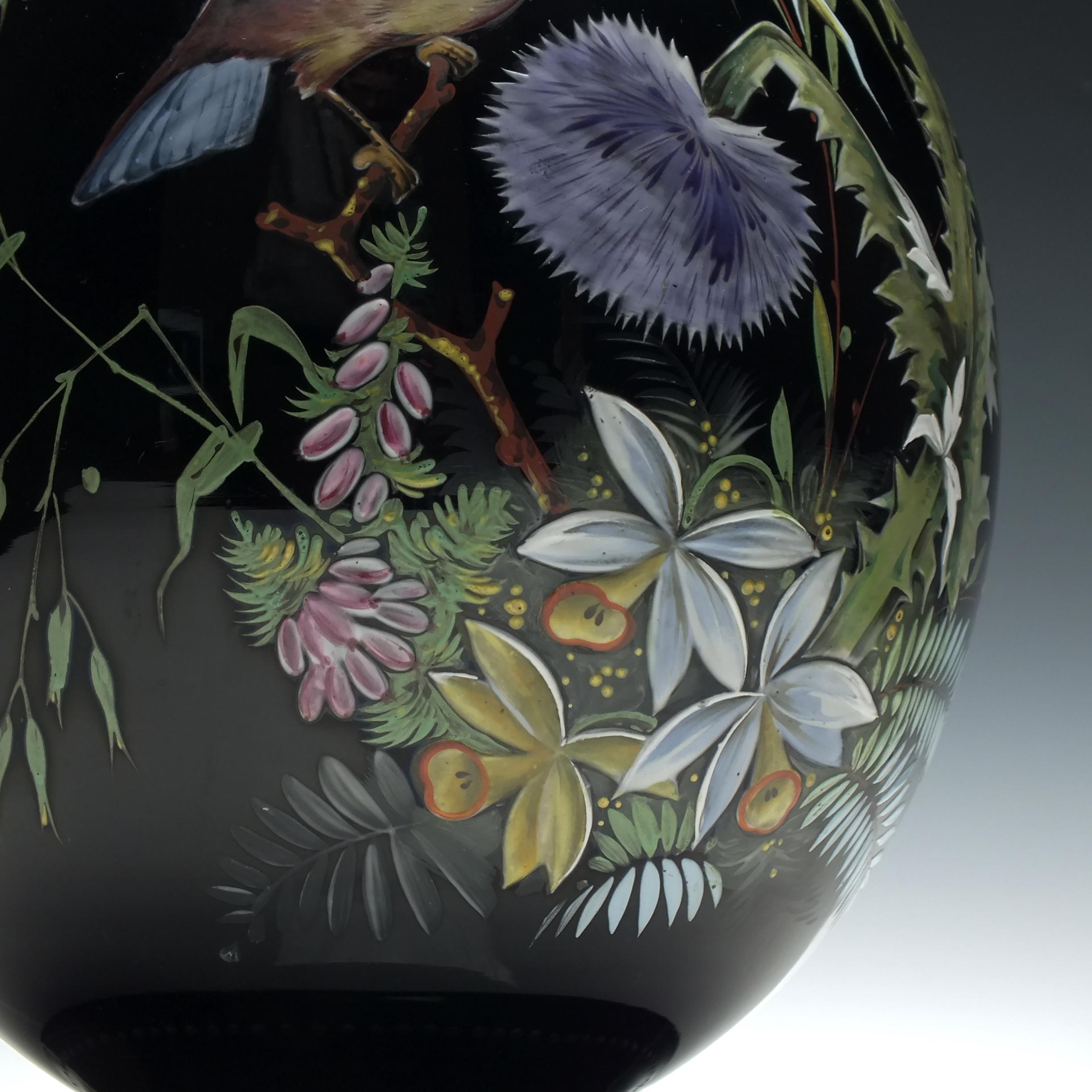 Late 19th Century Large Pair of Enamelled 19th Century Harrach Black Glass Vases, circa 1890