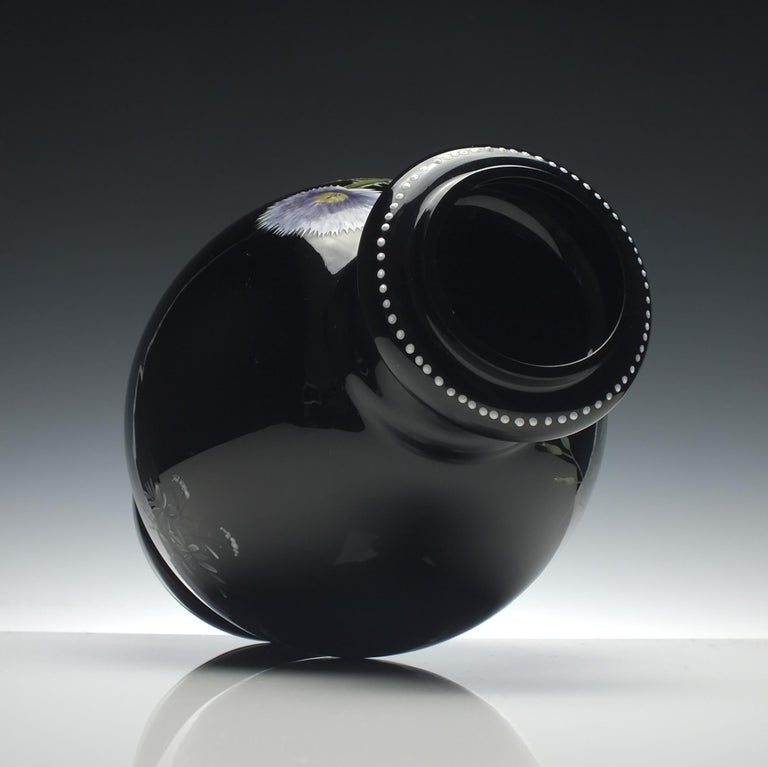 Large Pair of Enamelled 19th Century Harrach Black Glass Vases, circa