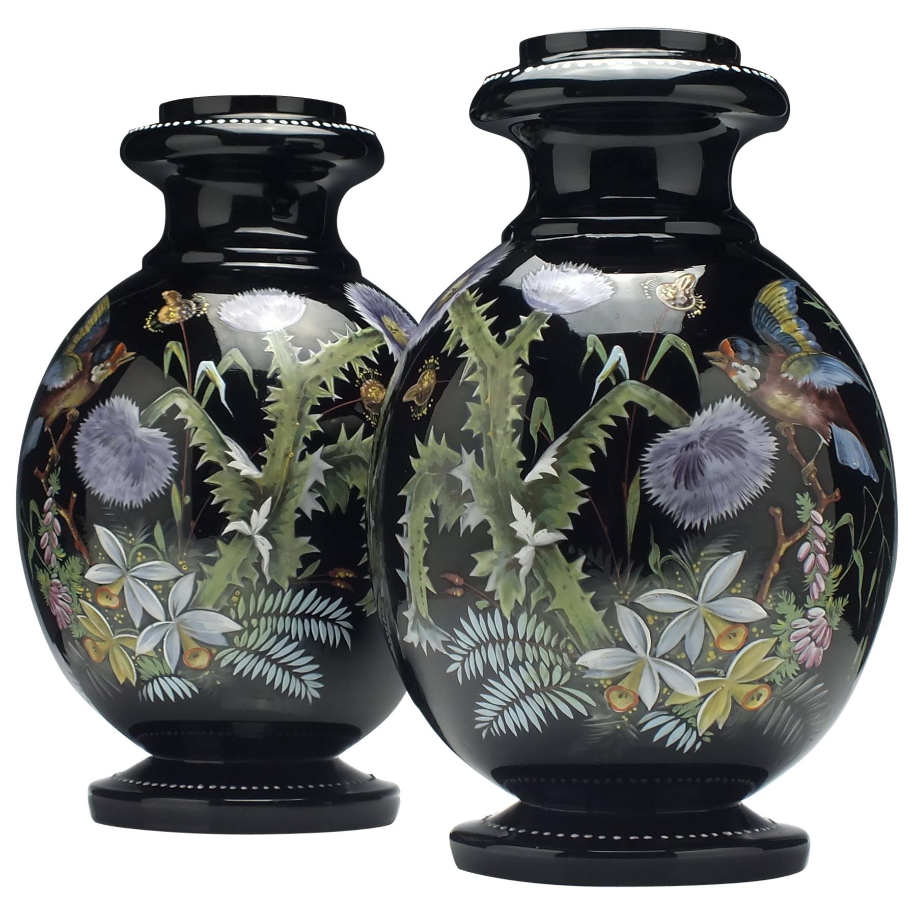Large Pair of Enamelled 19th Century Harrach Black Glass Vases, circa 1890