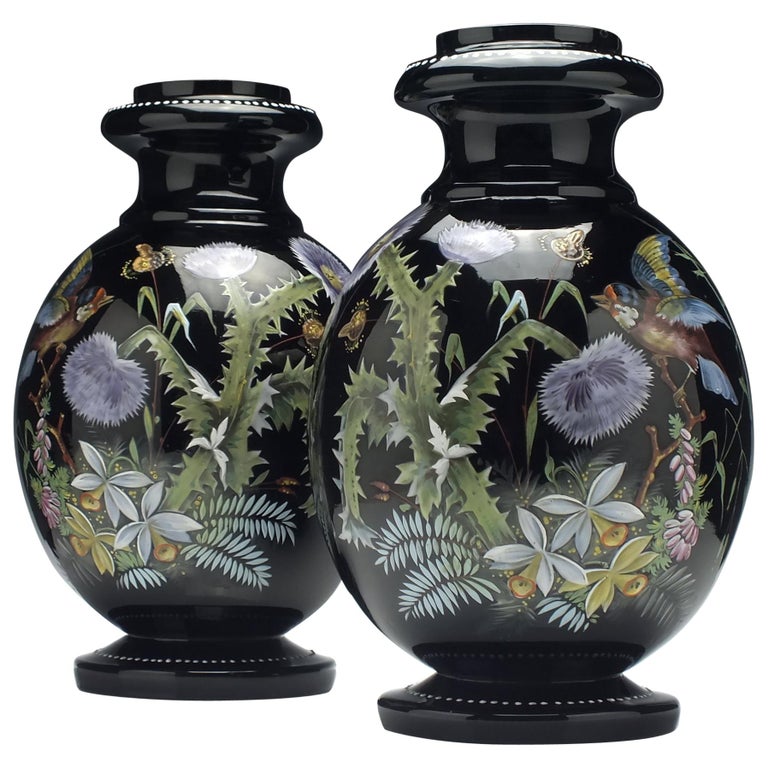 Large Pair of Enamelled 19th Century Harrach Black Glass Vases, circa