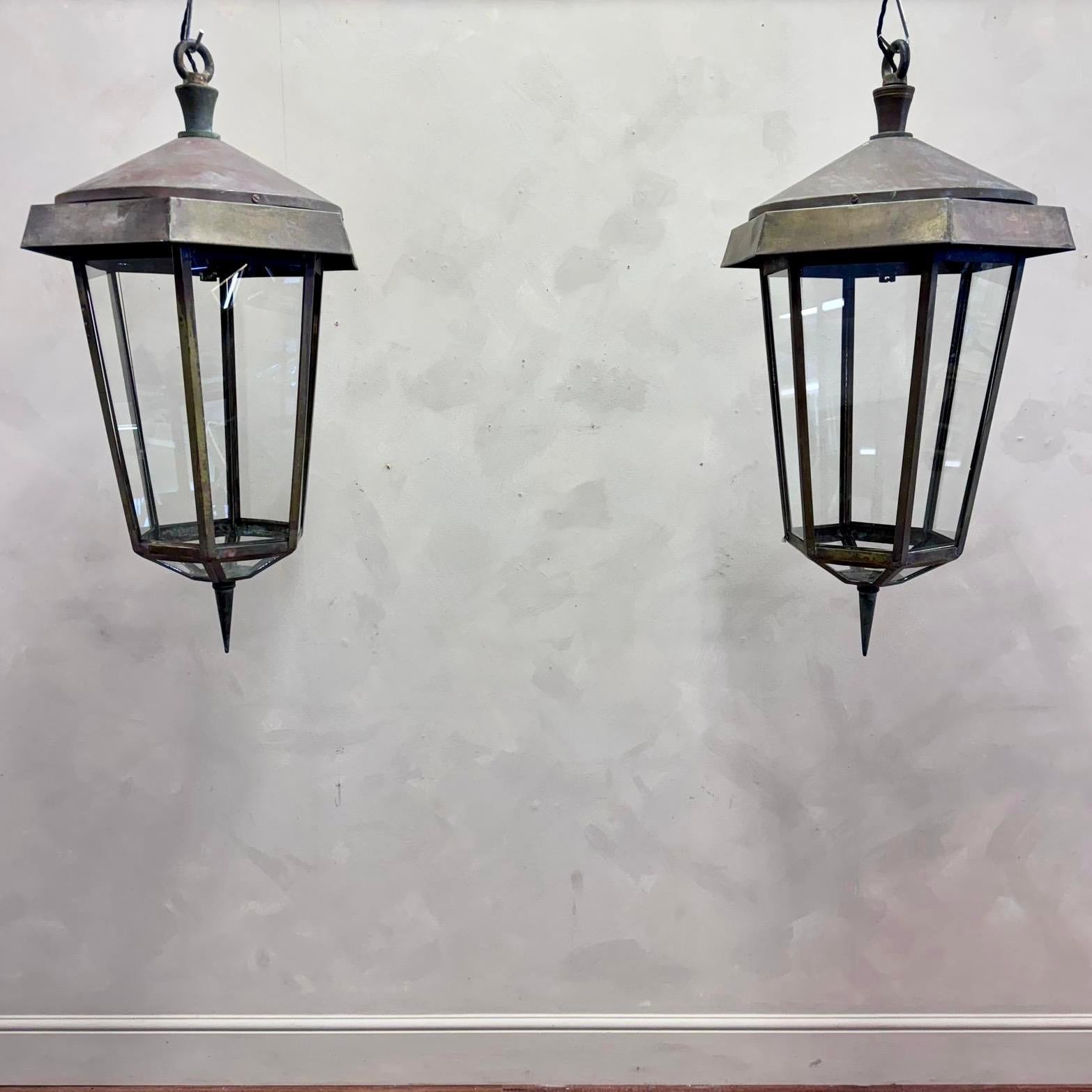 Hand-Crafted Large Pair Of English Brass Lanterns c1930 For Sale