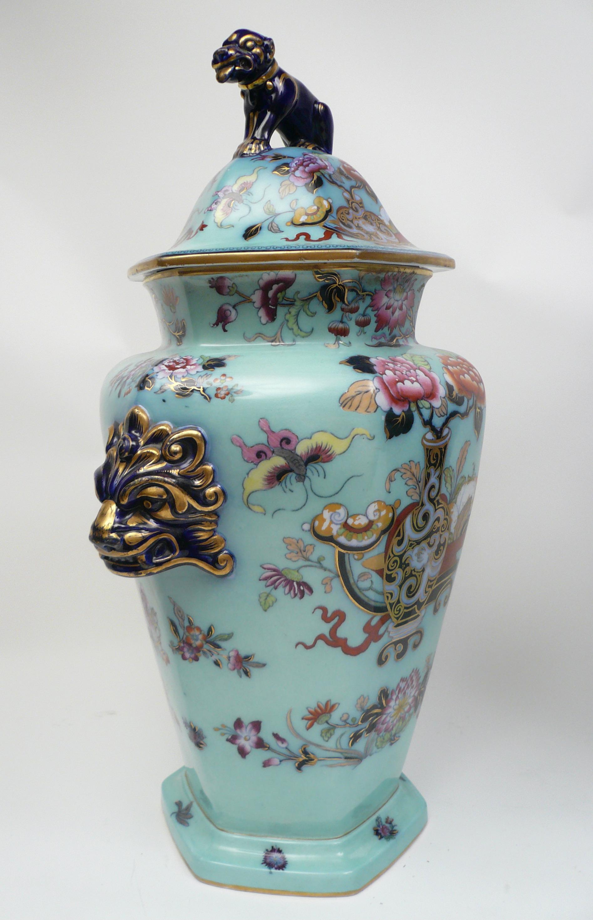 Large Pair of English Ironstone Lidded Vases with Foo Dog Finials 4