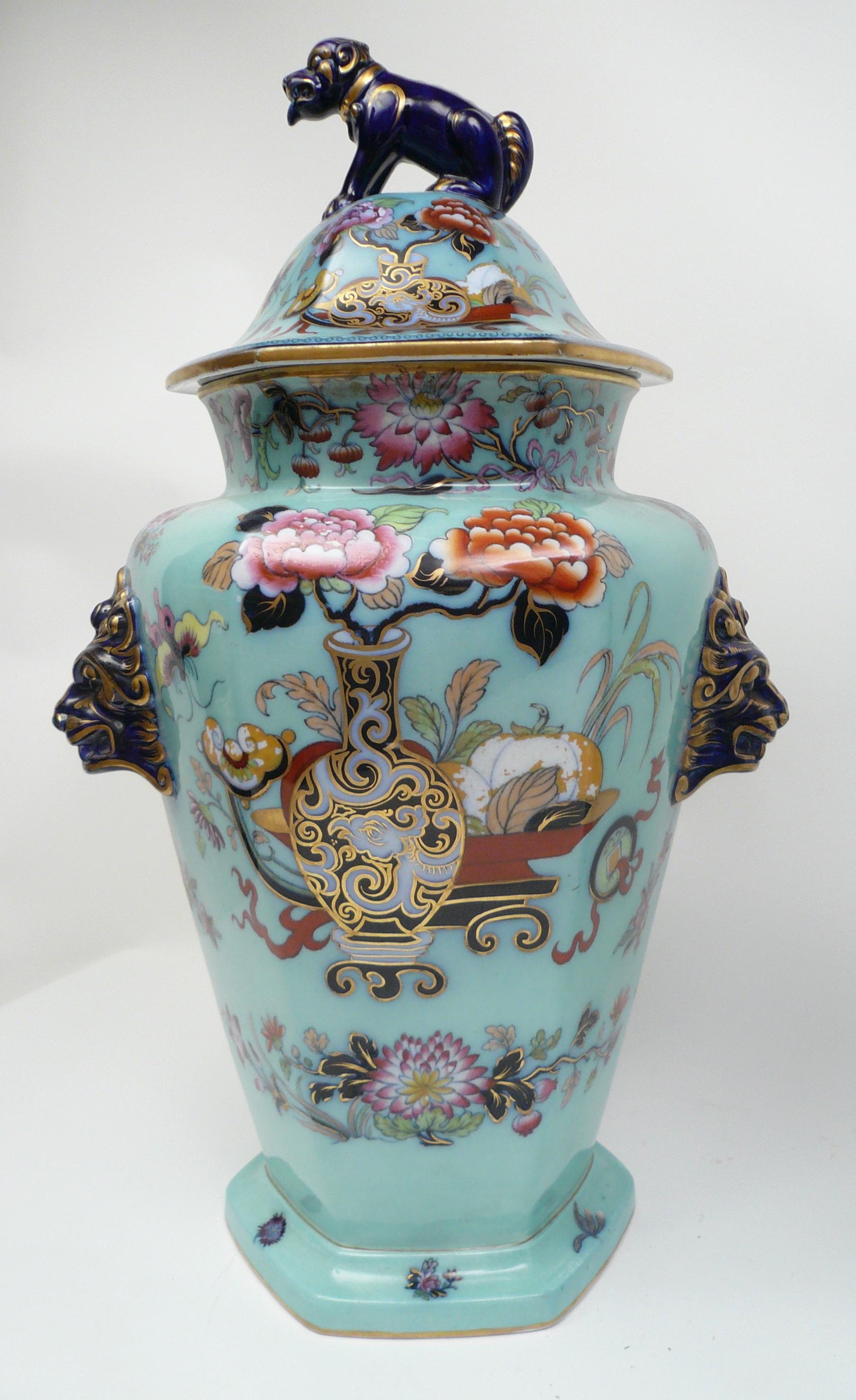 Large Pair of English Ironstone Lidded Vases with Foo Dog Finials 5