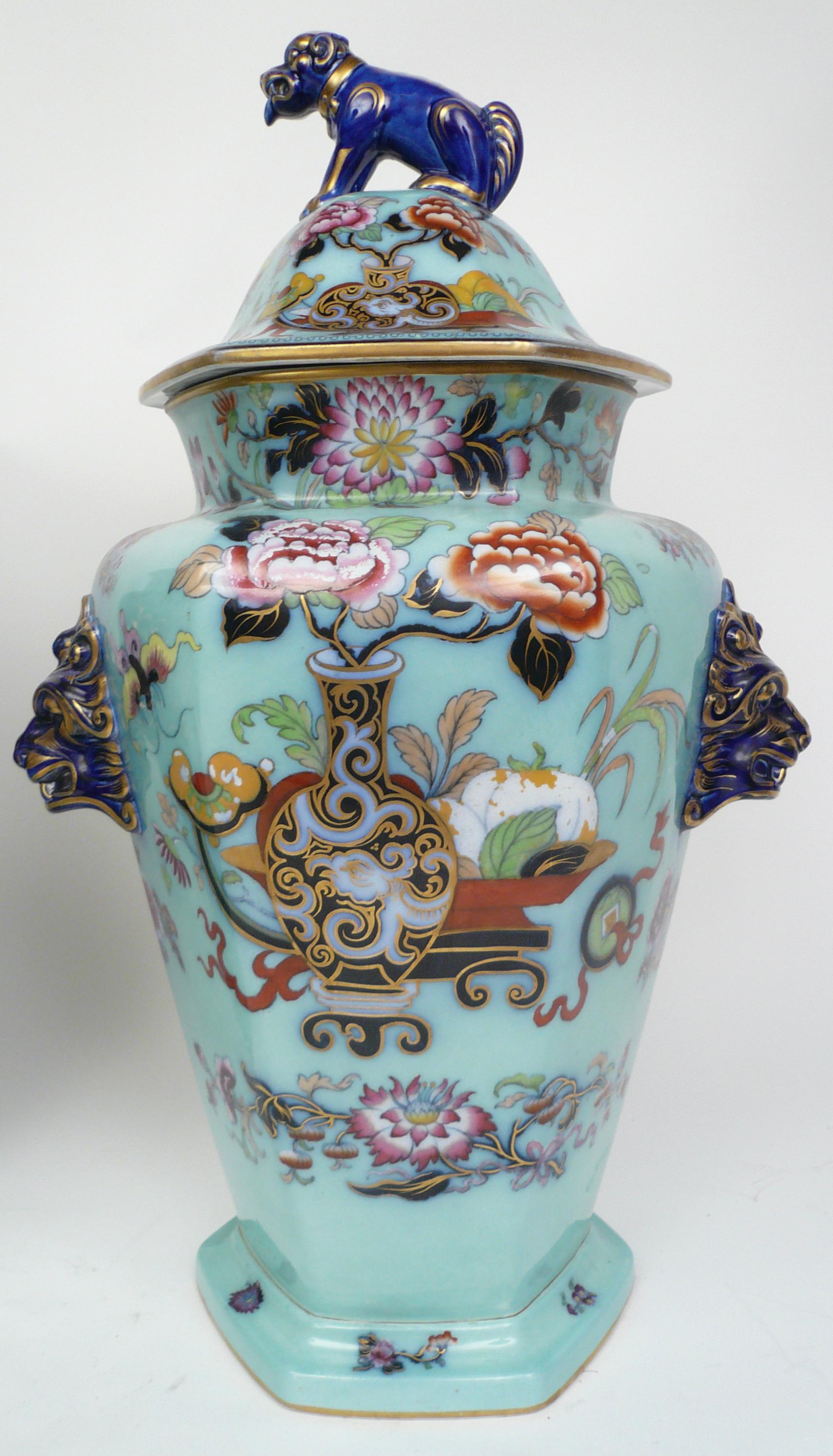 Chinese Export Large Pair of English Ironstone Lidded Vases with Foo Dog Finials